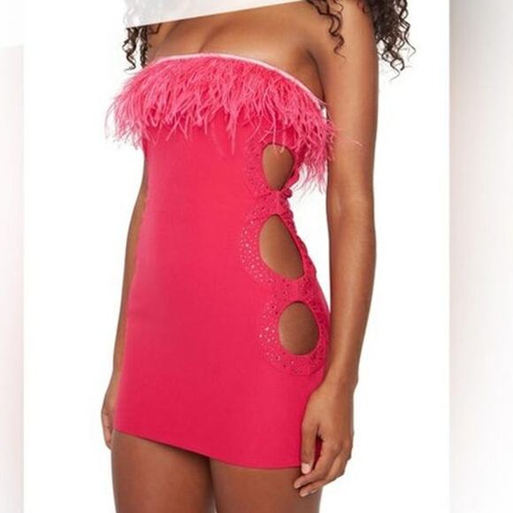 Danielle Guizio Dresses & Skirts - Guizio Feather Trim Embellished Cut-Out Mini Dress Magenta‎ Pink Size Small